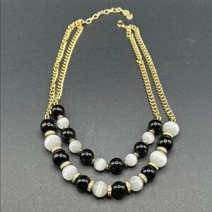 TALBOTS CHUNKY Double Strand Necklace, White Cats Eye, Black Beads, Gold Chain